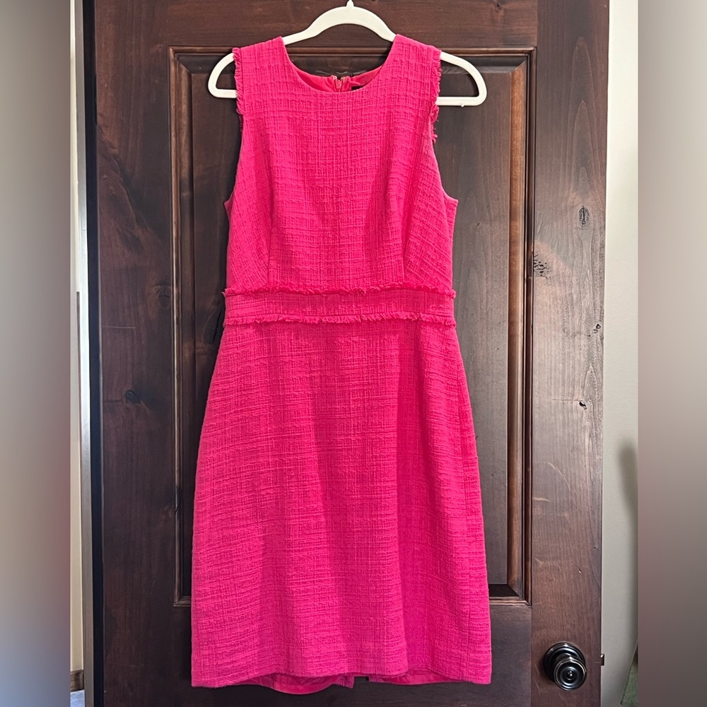 J.Crew Pink Bouclé Tweed Fringe Dress Sz 8T | Textured Shift Sheath Tall